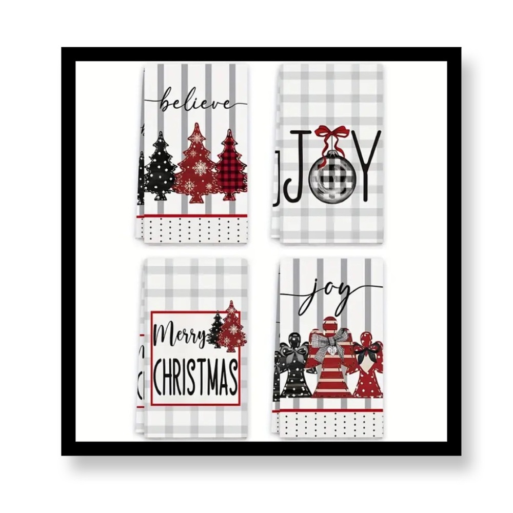 (New in package) 4 Pk Festive Holiday Kitchen Towels Set - Red and Black